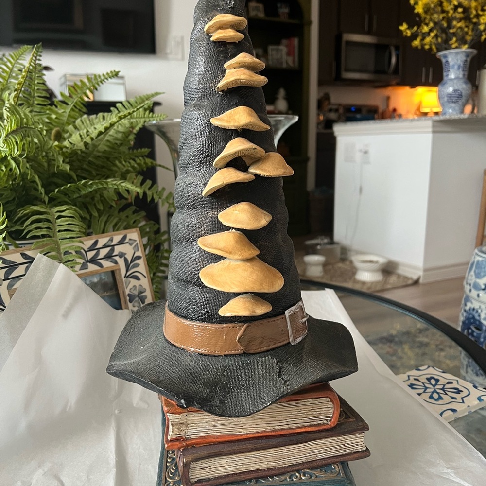 Black Witch Hat with Tan Mushrooms Decor